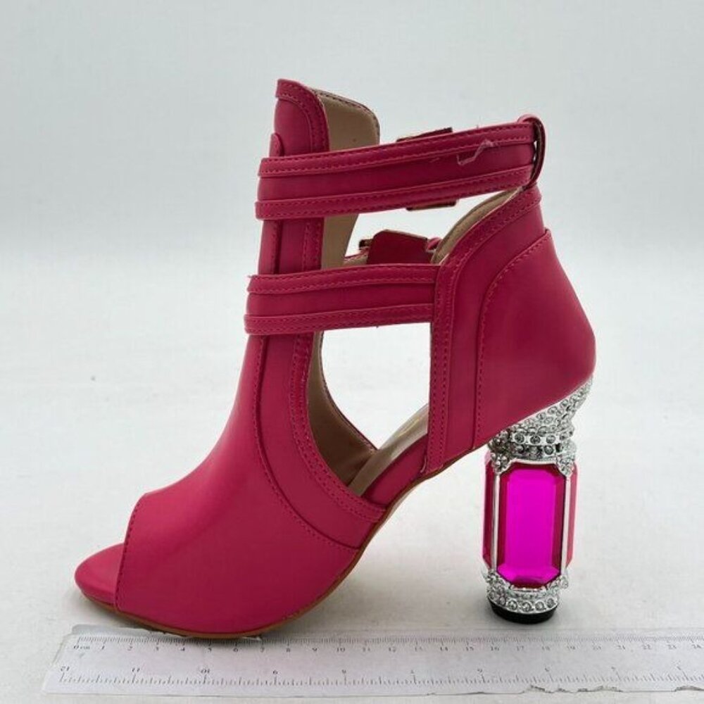 XYD Fuchsia Peep Toe Booties Style Pumps Fancy Cylindrical Crystal Heels Shoes - Picture 2 of 8
